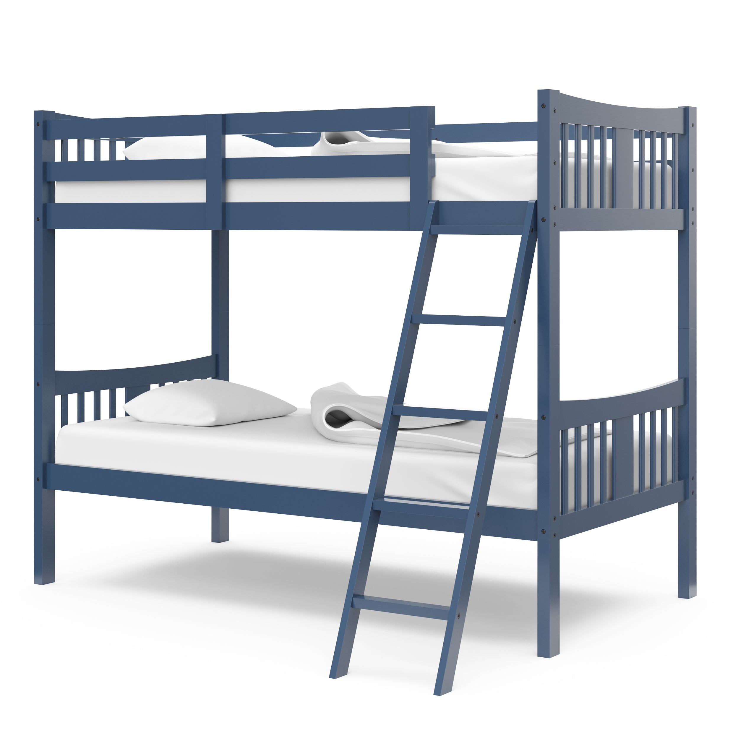 navy bunk bed with fixed ladder angled with bedding
