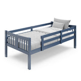 navy twin bed with bedding