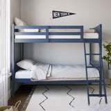 navy bunk bed with fixed ladder angled with bedding in a nursery