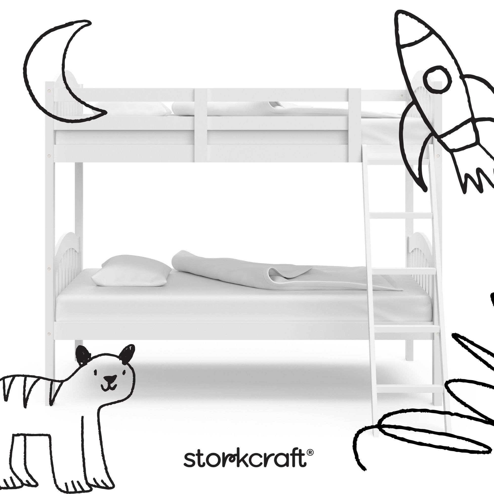 longhorn white twin over twin bunk bed with black doodles overlaid on image