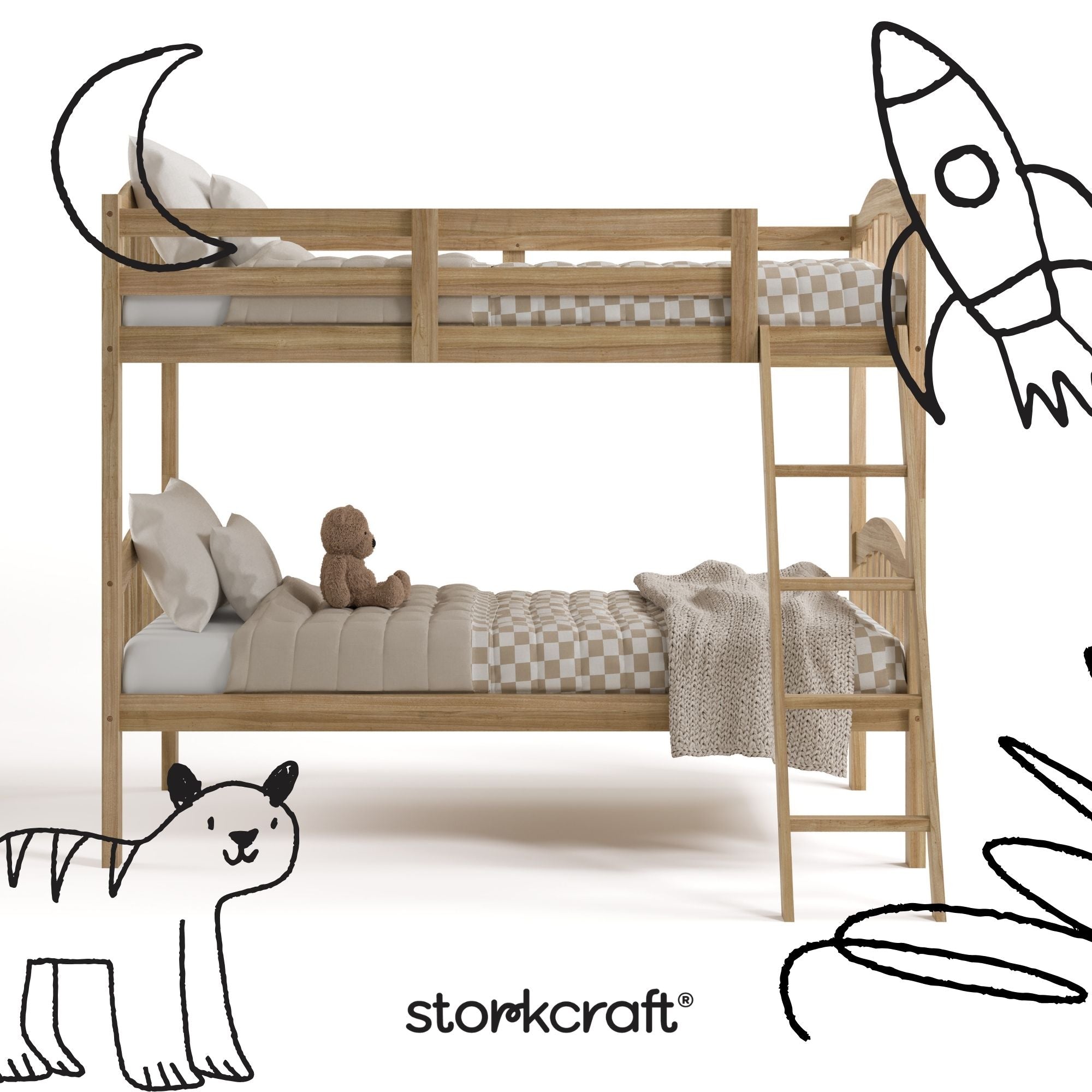 longhorn natural twin over twin bunk bed with black doodles overlaid on image