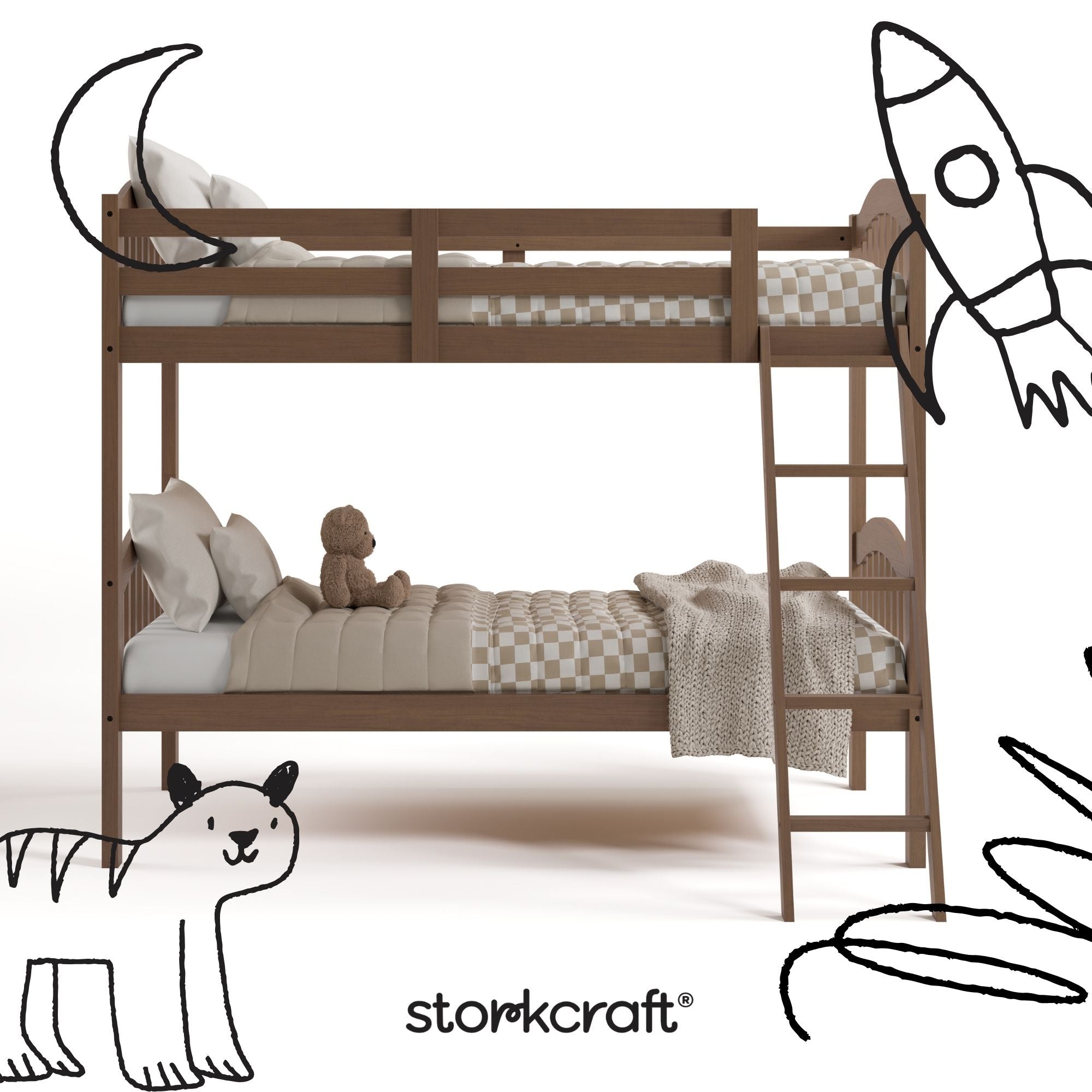 longhorn hazelnut twin over twin bunk bed with black doodles overlaid on image