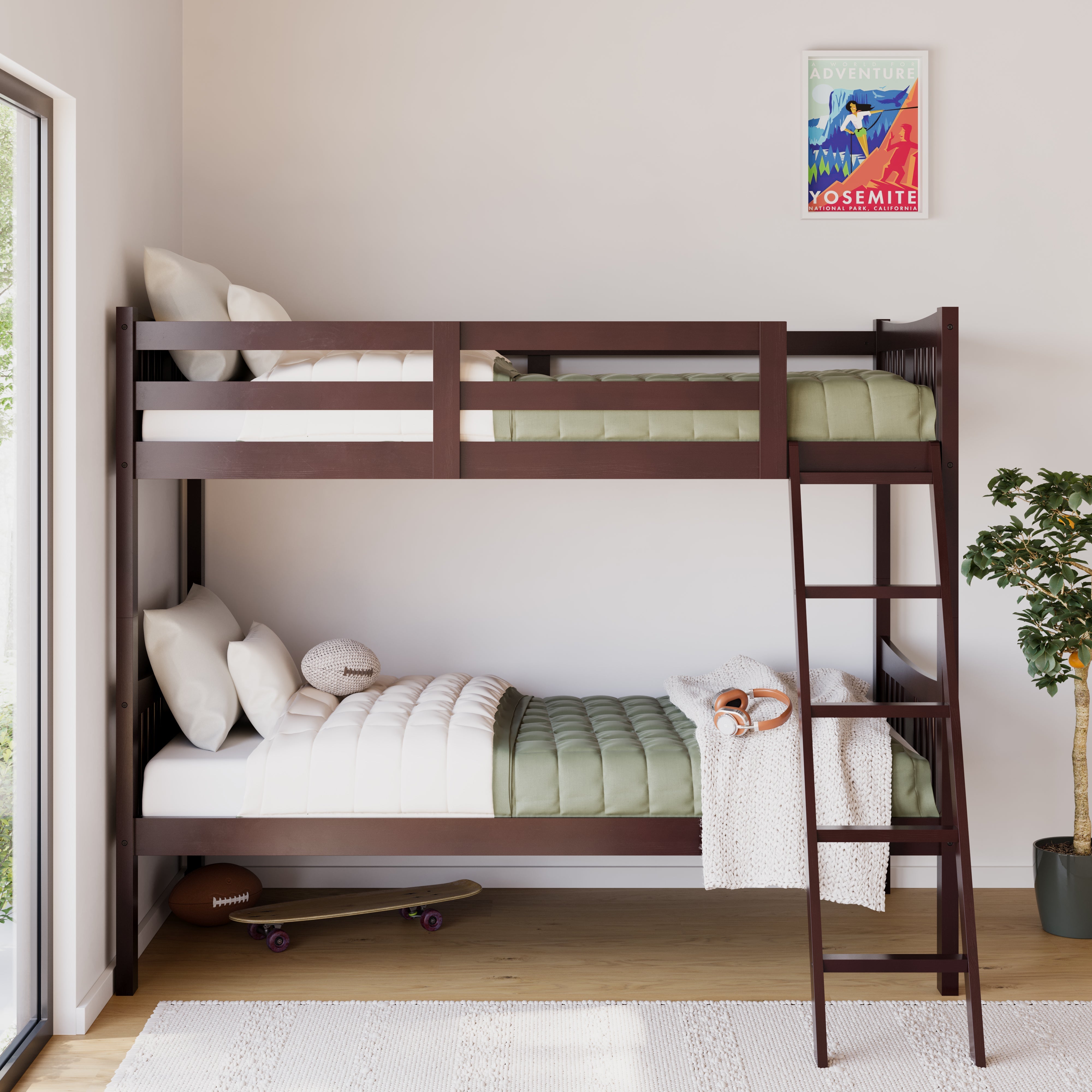 espresso bunk bed with fixed ladder in nursery