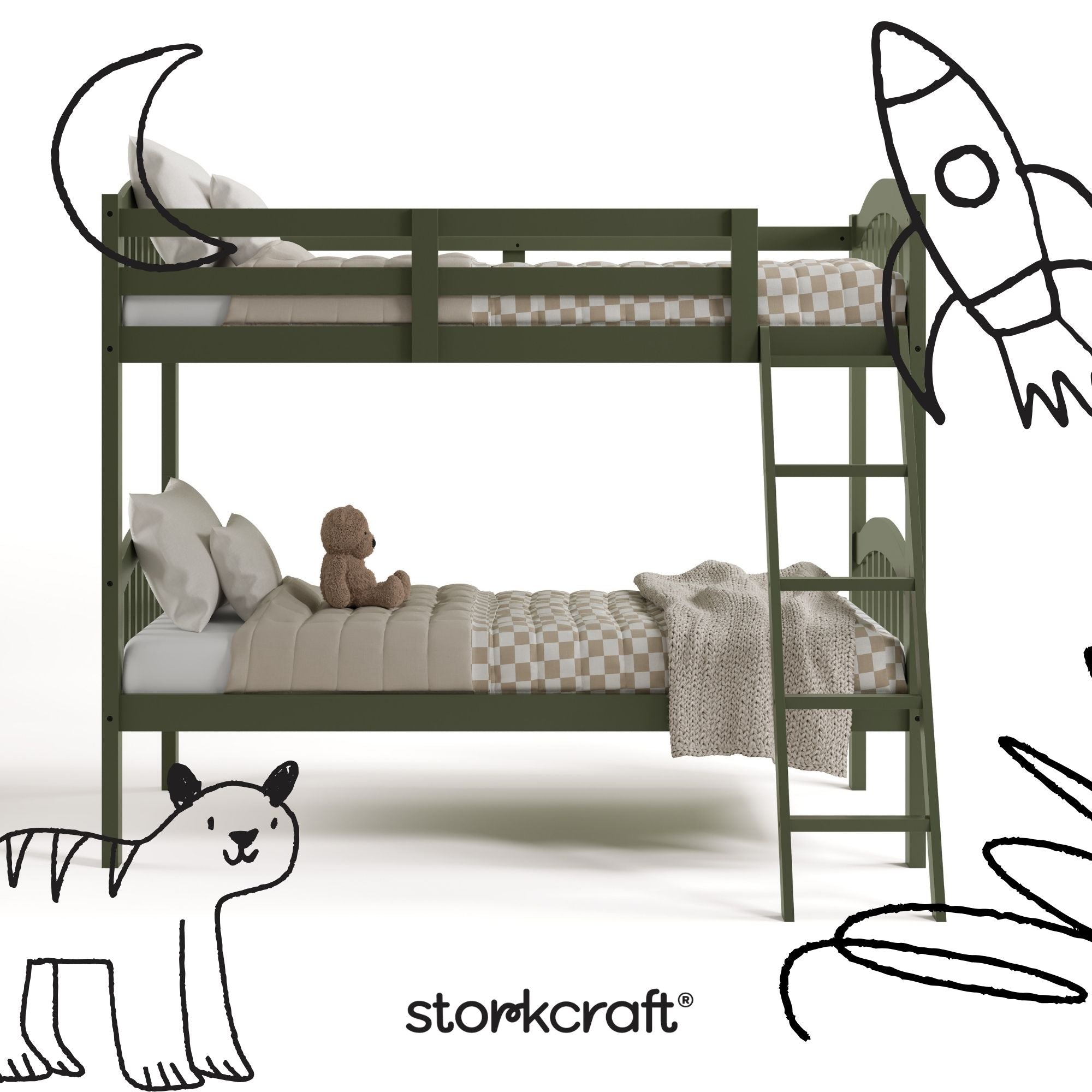 longhorn olive twin over twin bunk bed with black doodles overlaid on image