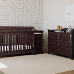 espresso crib and changer in nursery with 6 drawer dresser