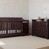 espresso crib and changer in nursery with 6 drawer dresser
