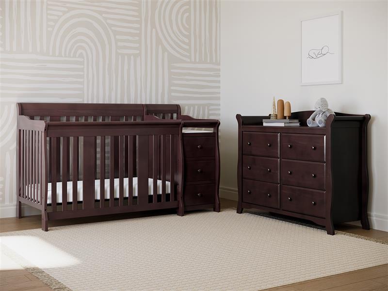 espresso crib and changer in nursery with 6 drawer dresser