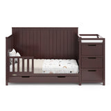 Hadley espresso crib and changer converted to toddler bed with one guardrail