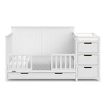 Hadley white crib and changer converted to toddler bed with two guardrails
