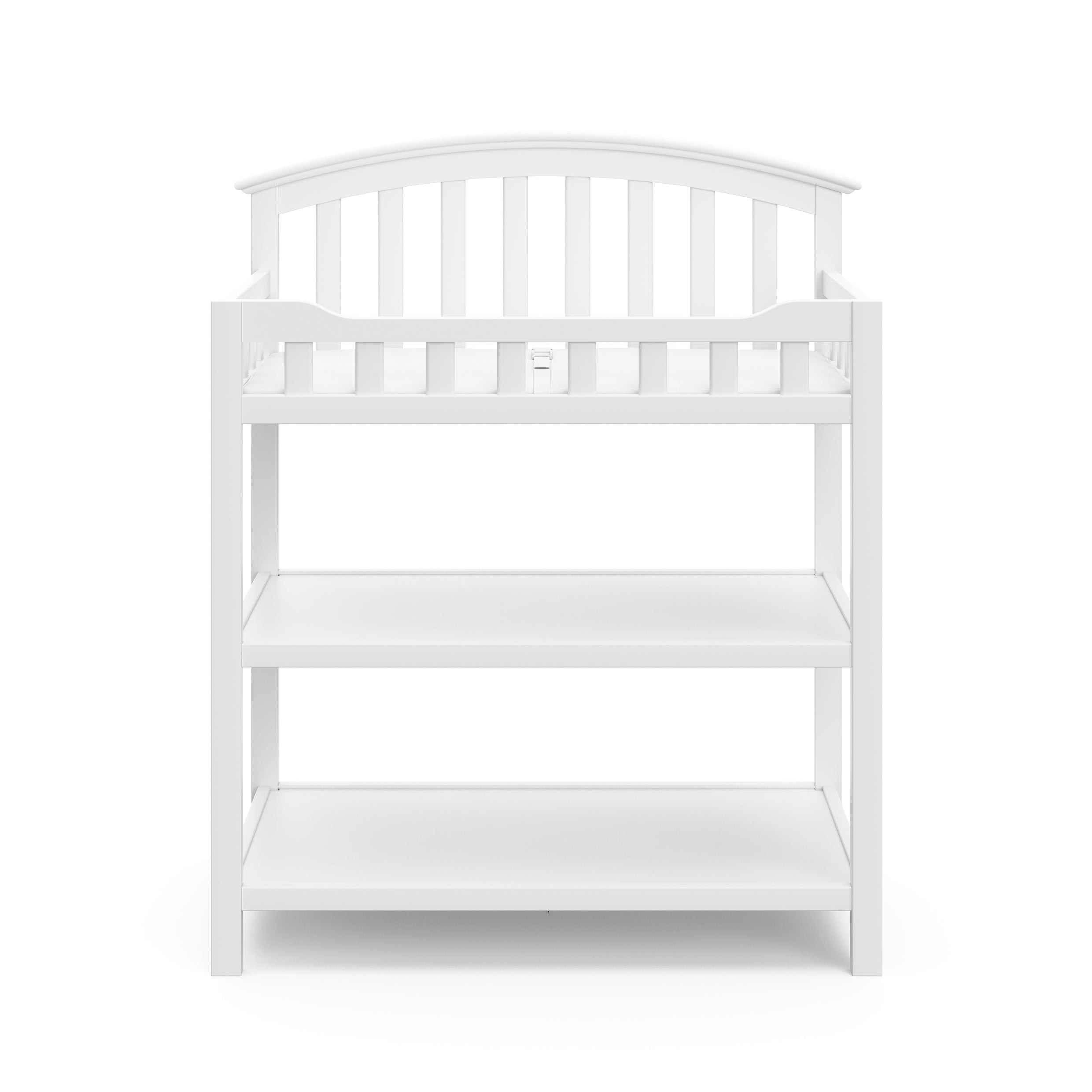 Front view of white changing table with two open shelves