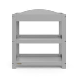 Front view of Pebble gray changing table with removable headboard and two open shelves