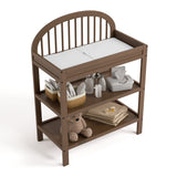 Olivia hazelnut changing table top view with baby items on shelves