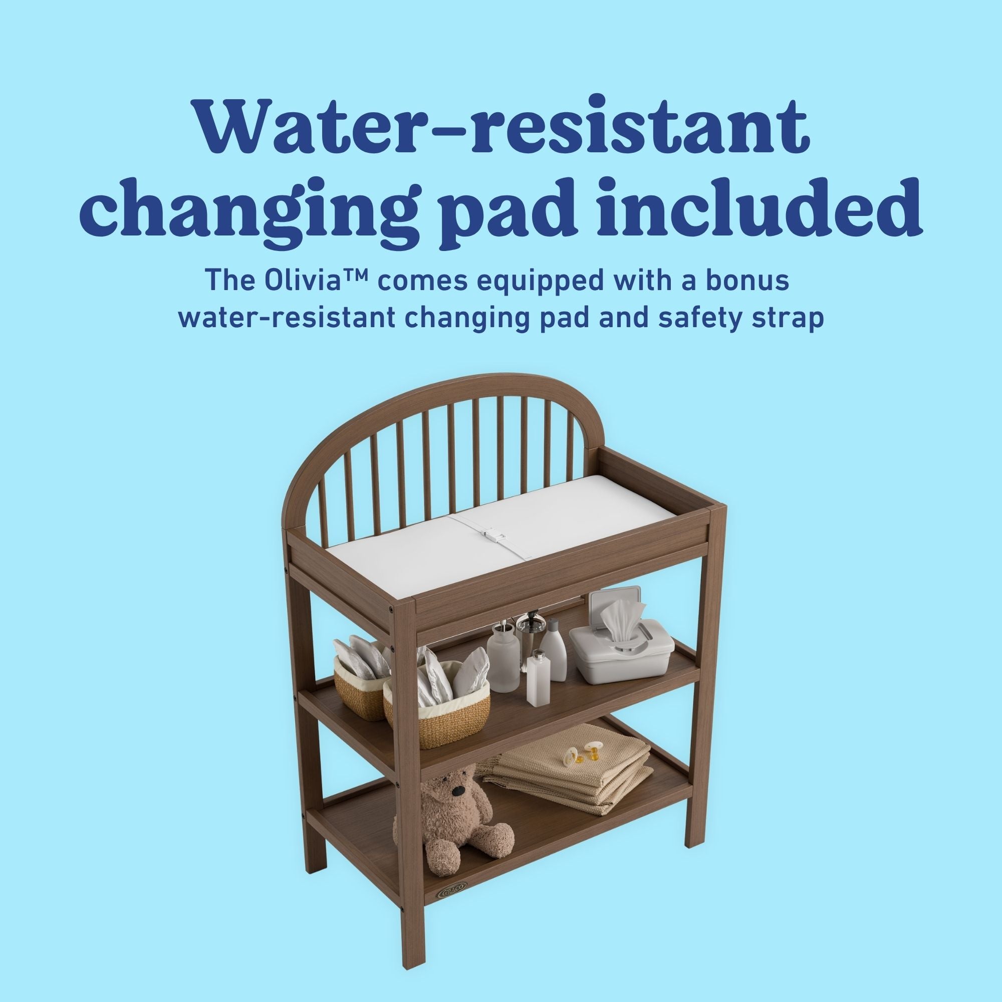 Olivia hazelnut changing table changing pad callout