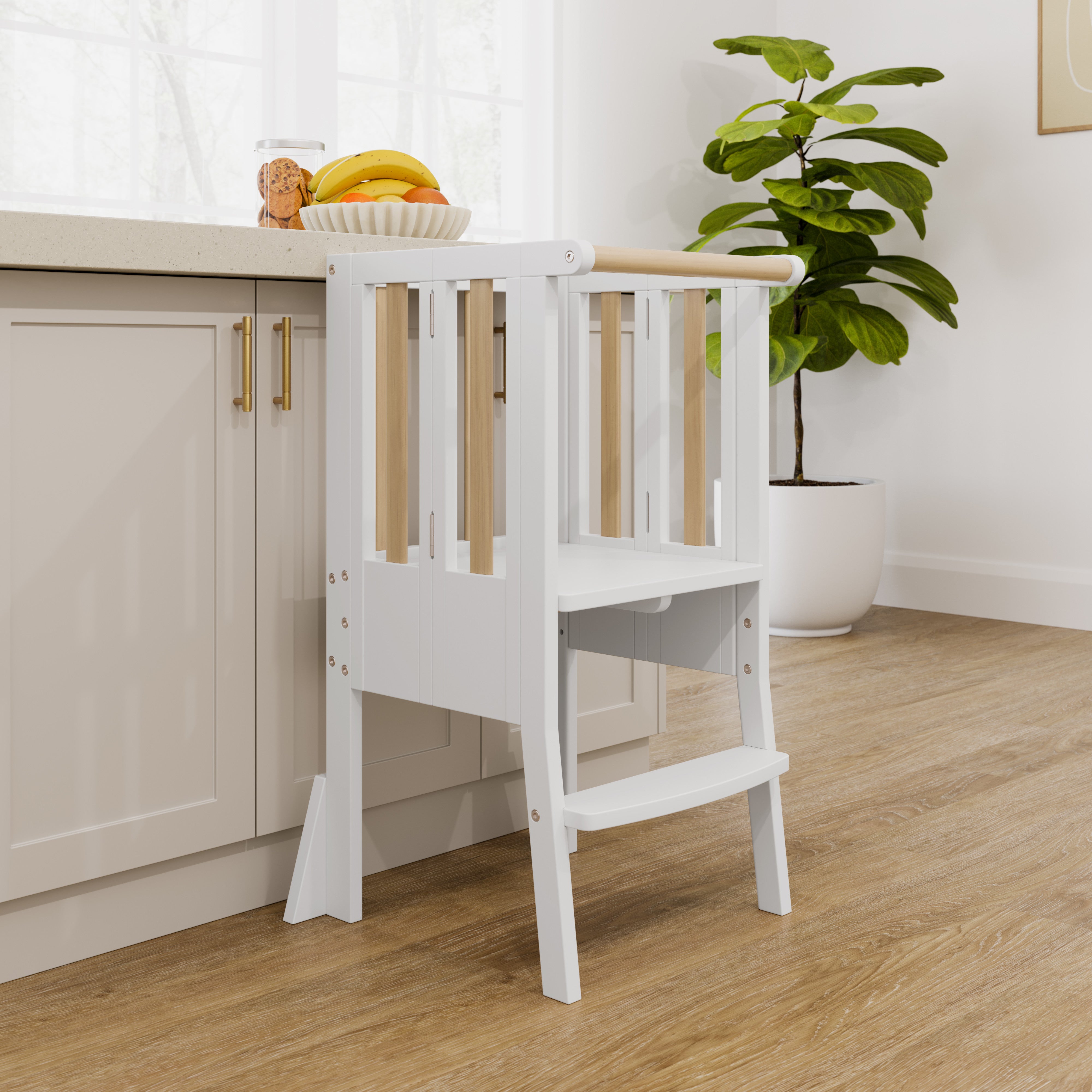 toddler white with driftwood step stool kitchen shot