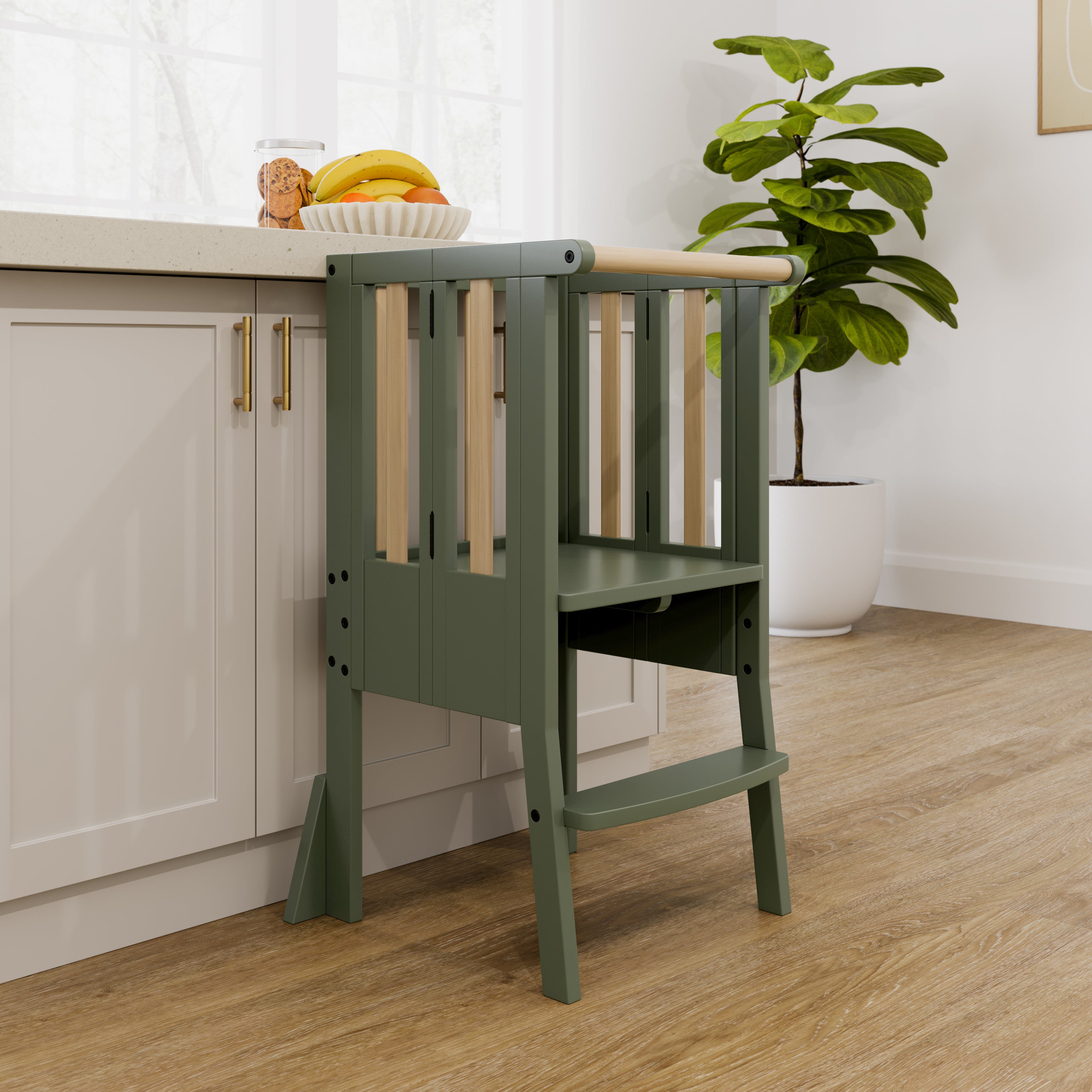 toddler olive with driftwood step stool kitchen shot