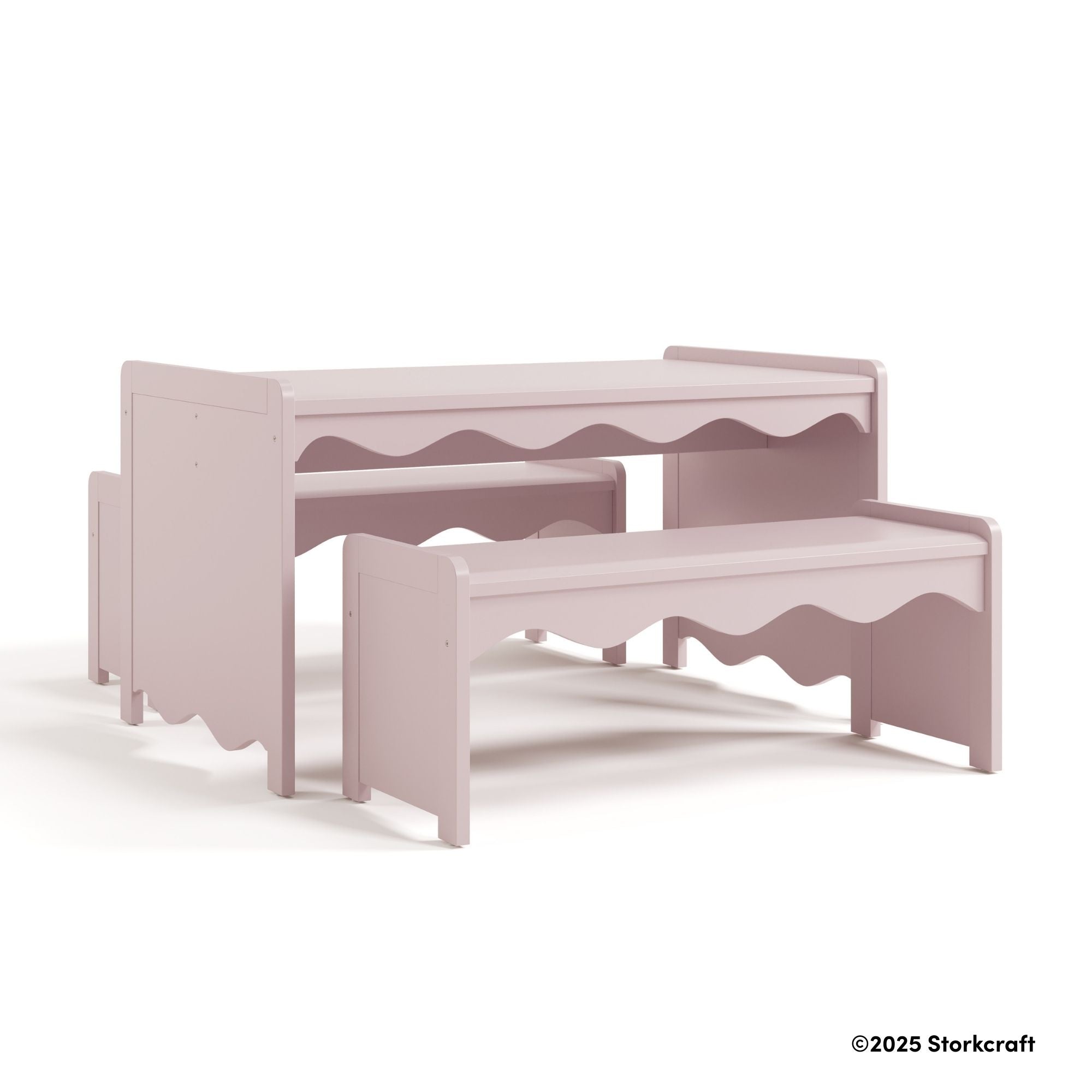 Casablanca blush table and bench set drawing with 2025 Storkcraft copyright on bottom right