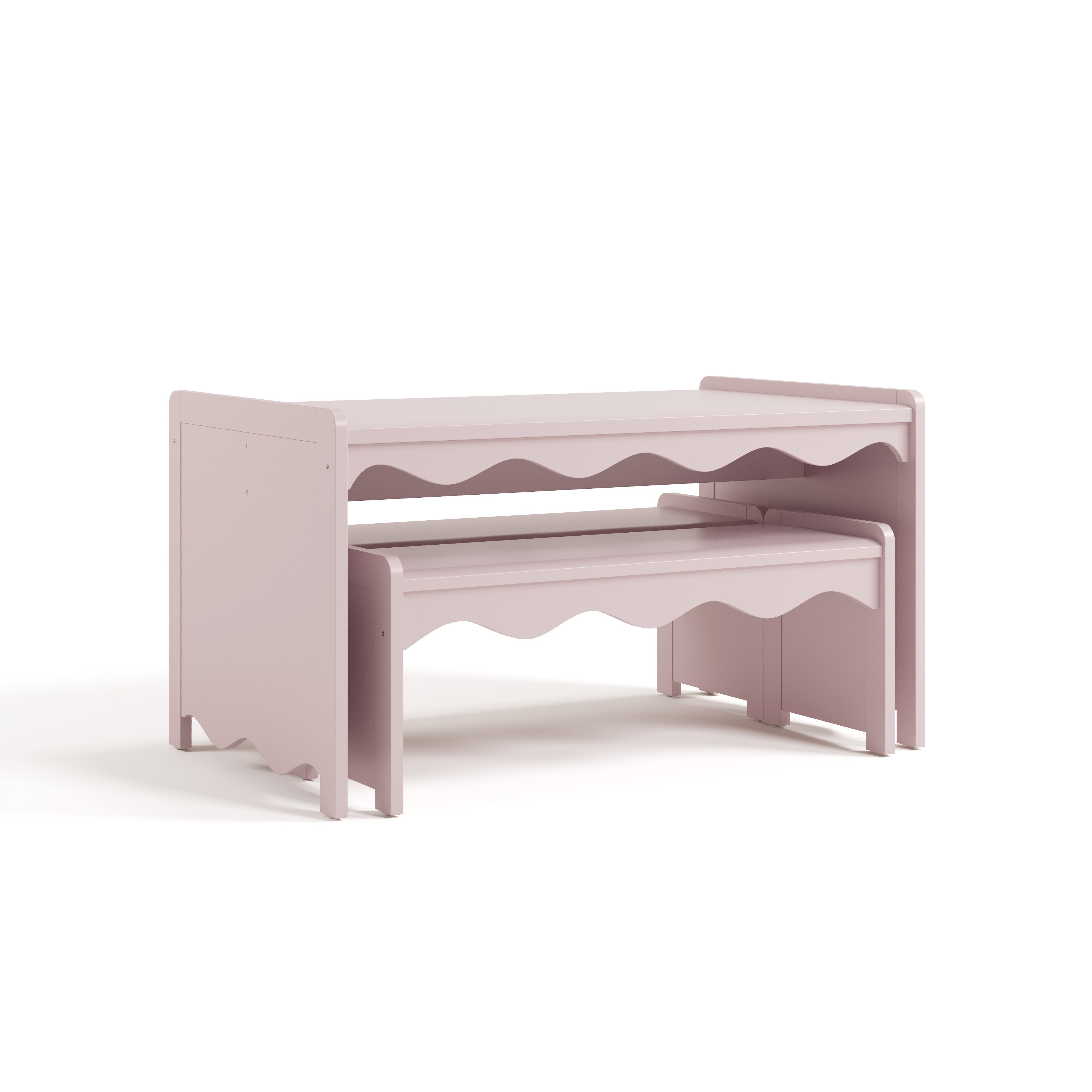 Casablanca blush table and bench set with benches tucked underneath table angle view