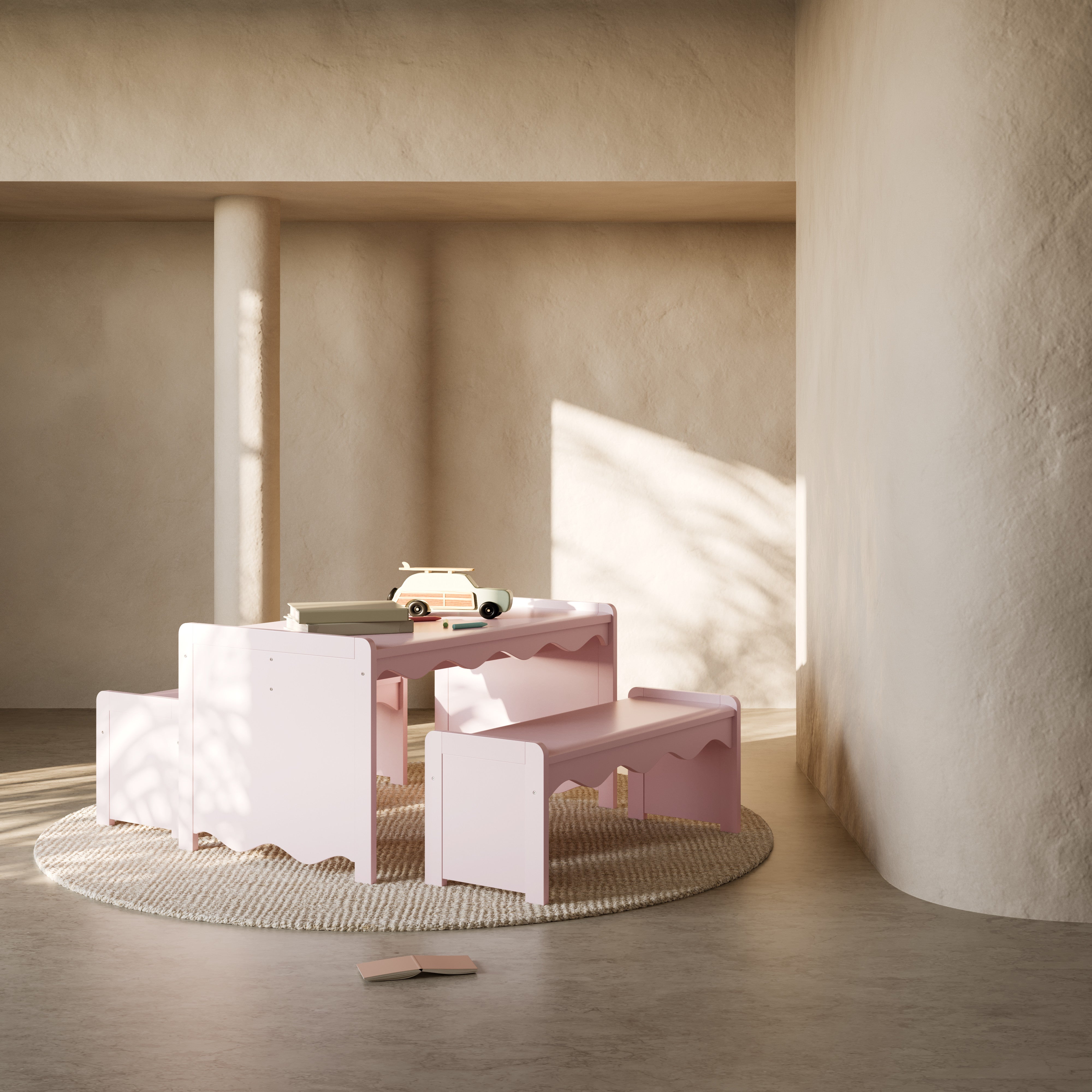 Casablanca blush table and bench set in a kids room
