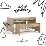 Casablanca driftwood table and bench set with black doodles overlaid on image