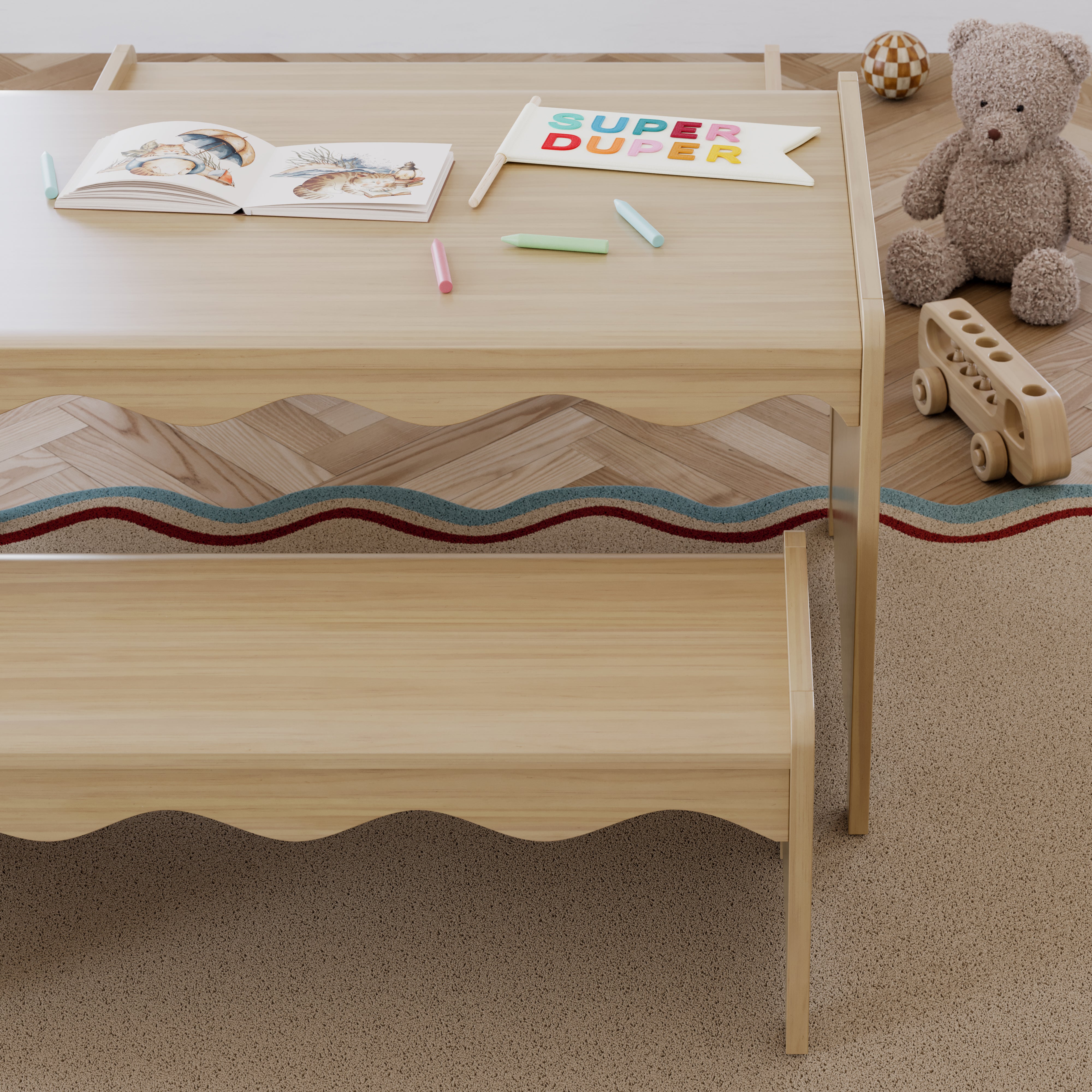 Casablanca driftwood table and bench set in a kids room