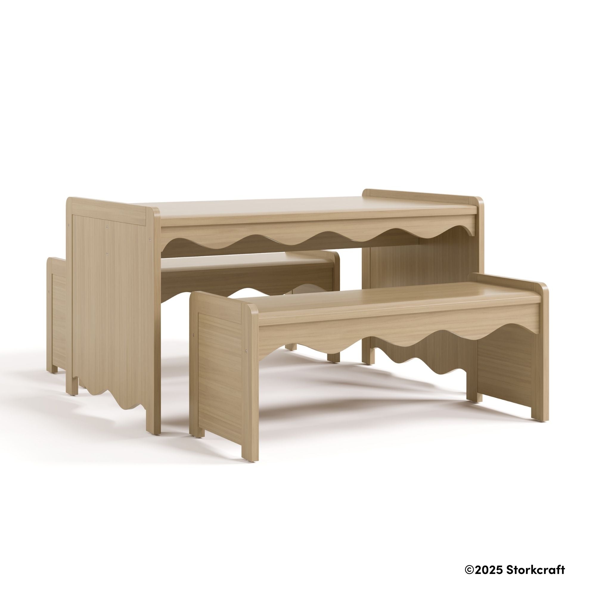 Casablanca driftwood table and bench set drawing with 2025 Storkcraft copyright on bottom right