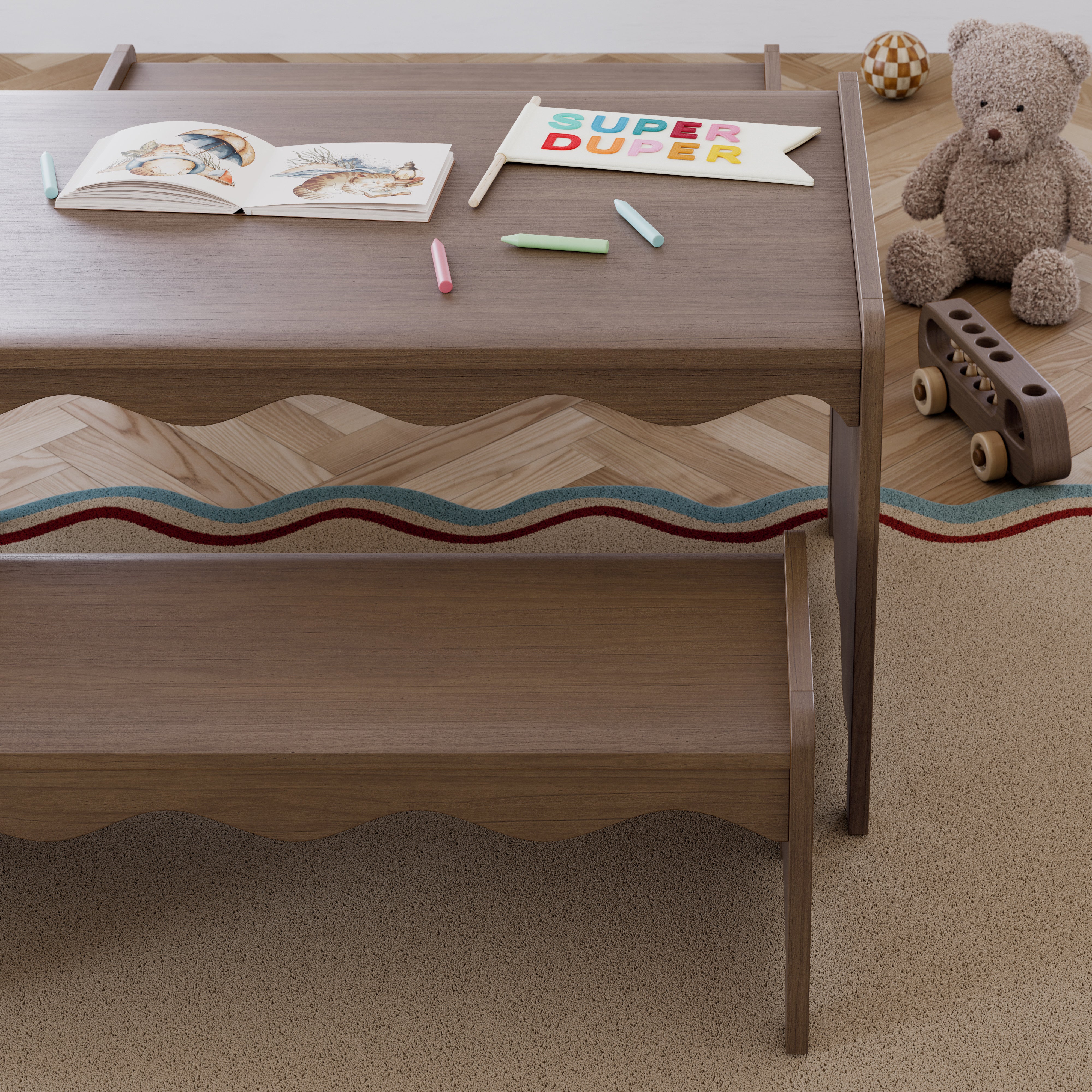 Casablanca hazelnut table and bench set in a kids room