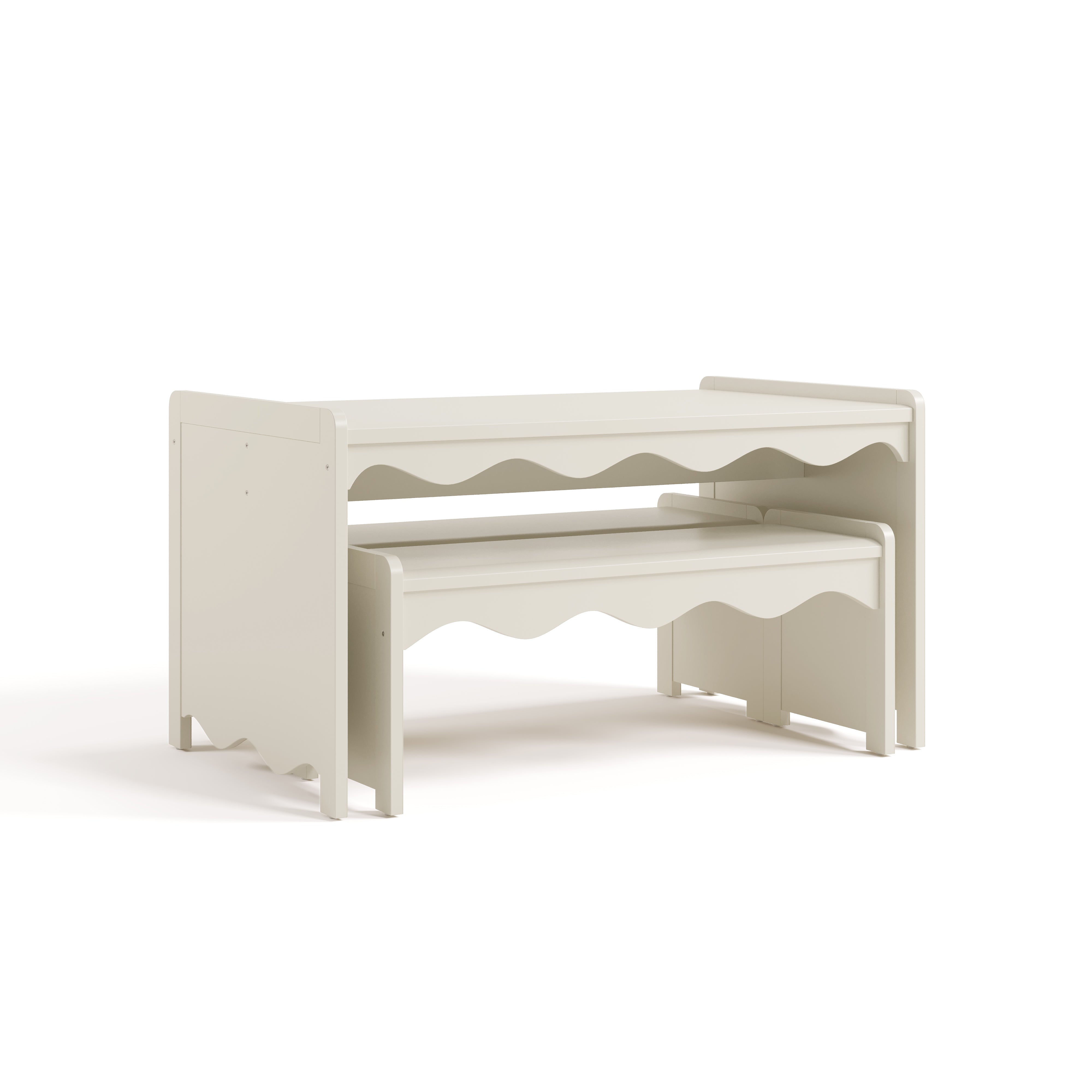 Casablanca frosted oat table and bench set with benches tucked underneath table angle view