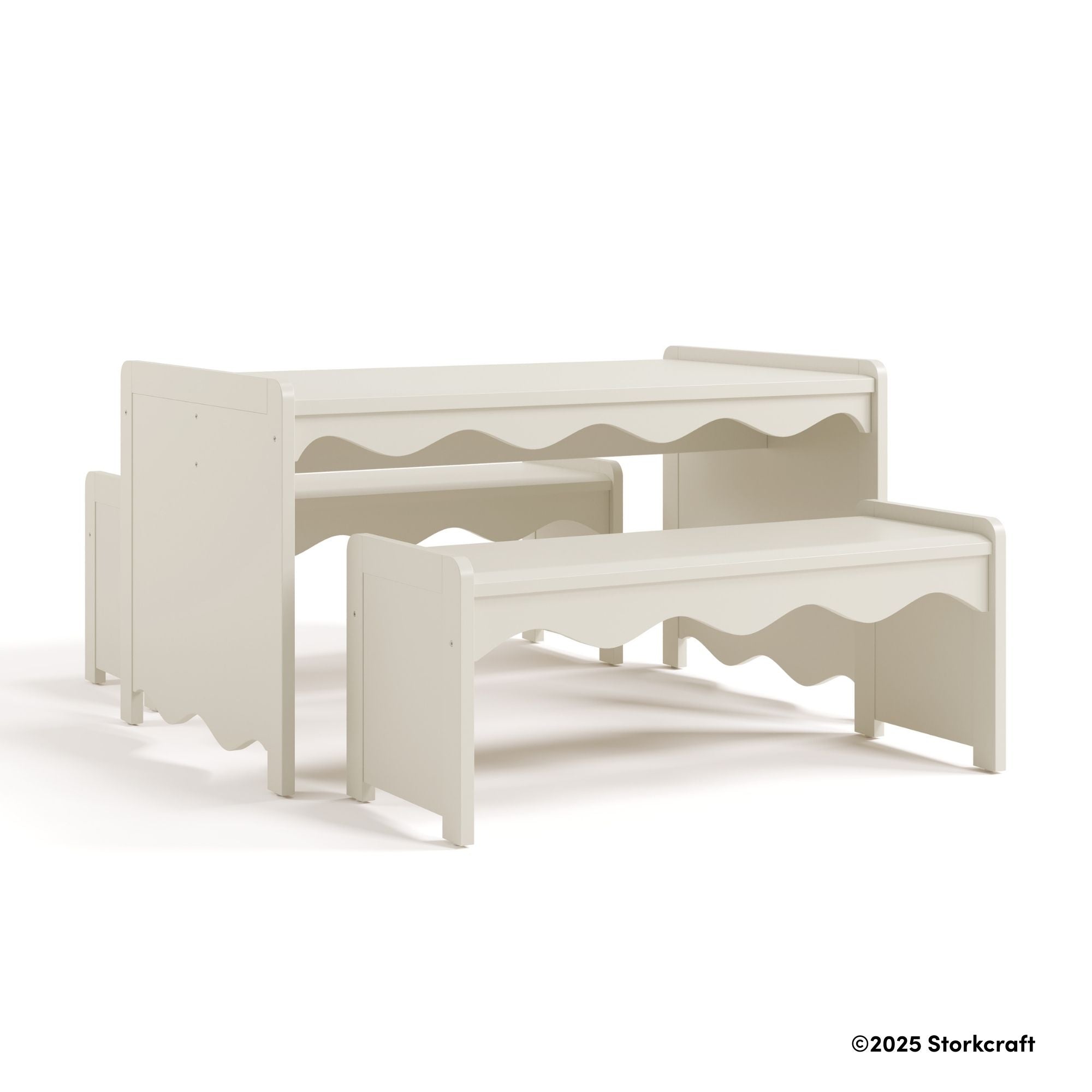 Casablanca frosted oat table and bench set drawing with 2025 Storkcraft copyright on bottom right