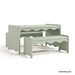 Casablanca sage table and bench set drawing with 2025 Storkcraft copyright on bottom right