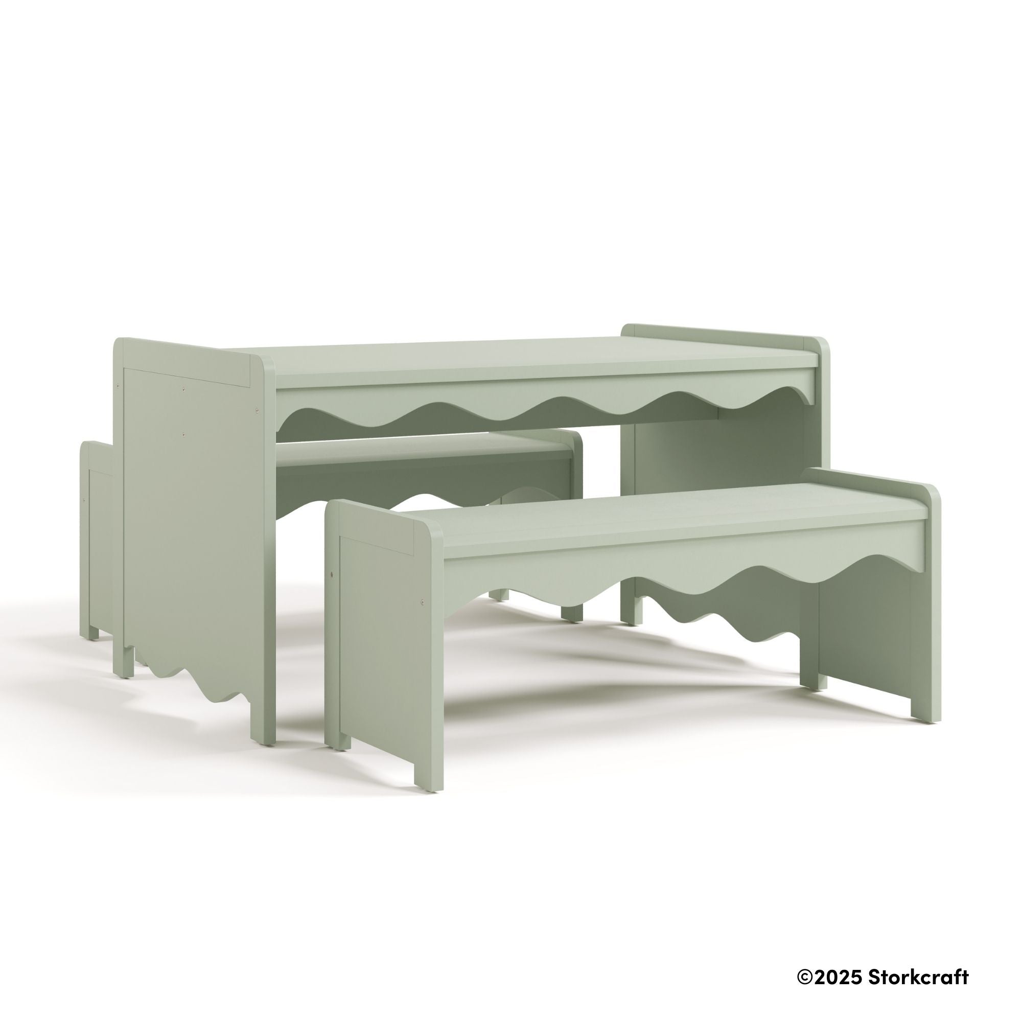 Casablanca sage table and bench set drawing with 2025 Storkcraft copyright on bottom right