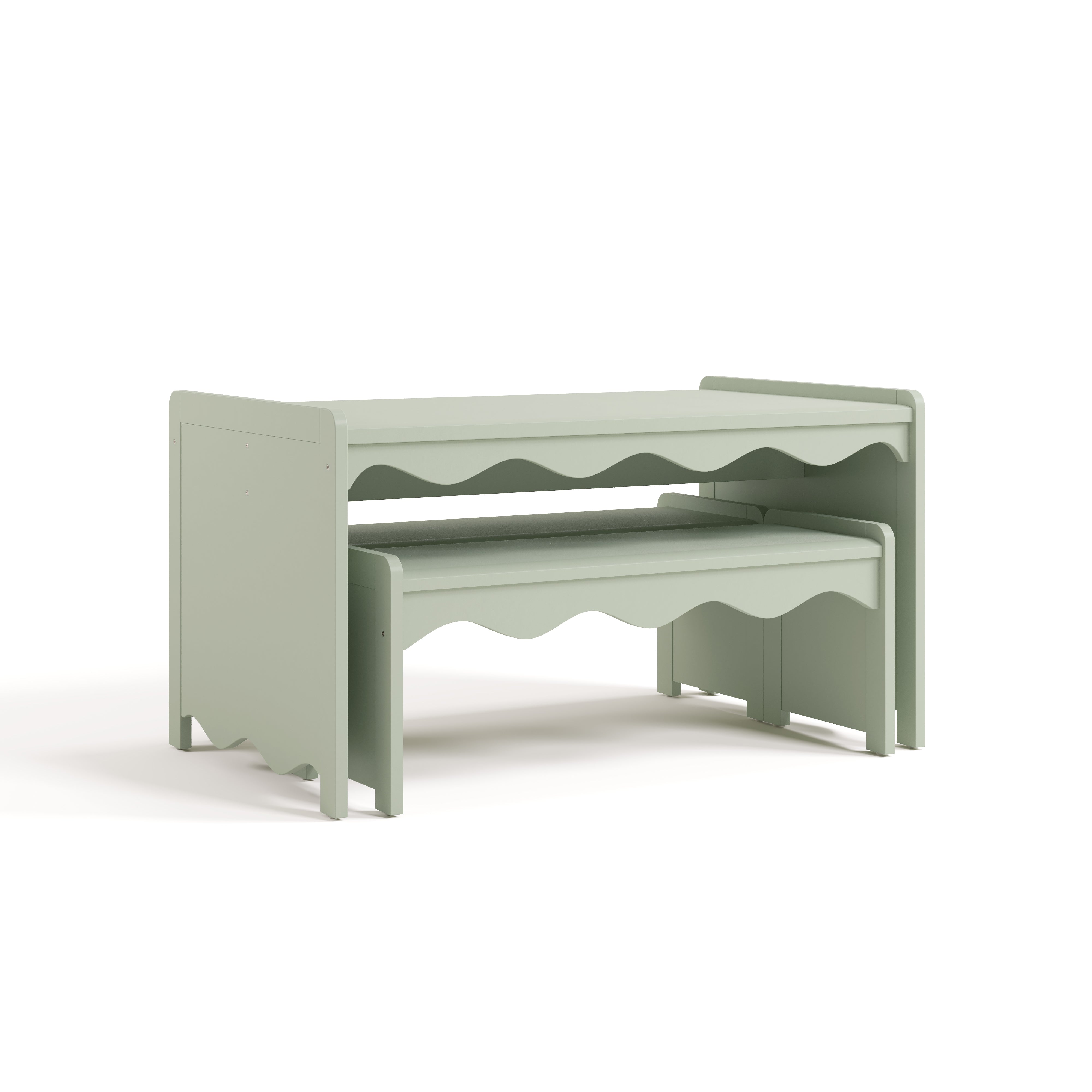 Casablanca sage table and bench set with benches tucked underneath table angle view