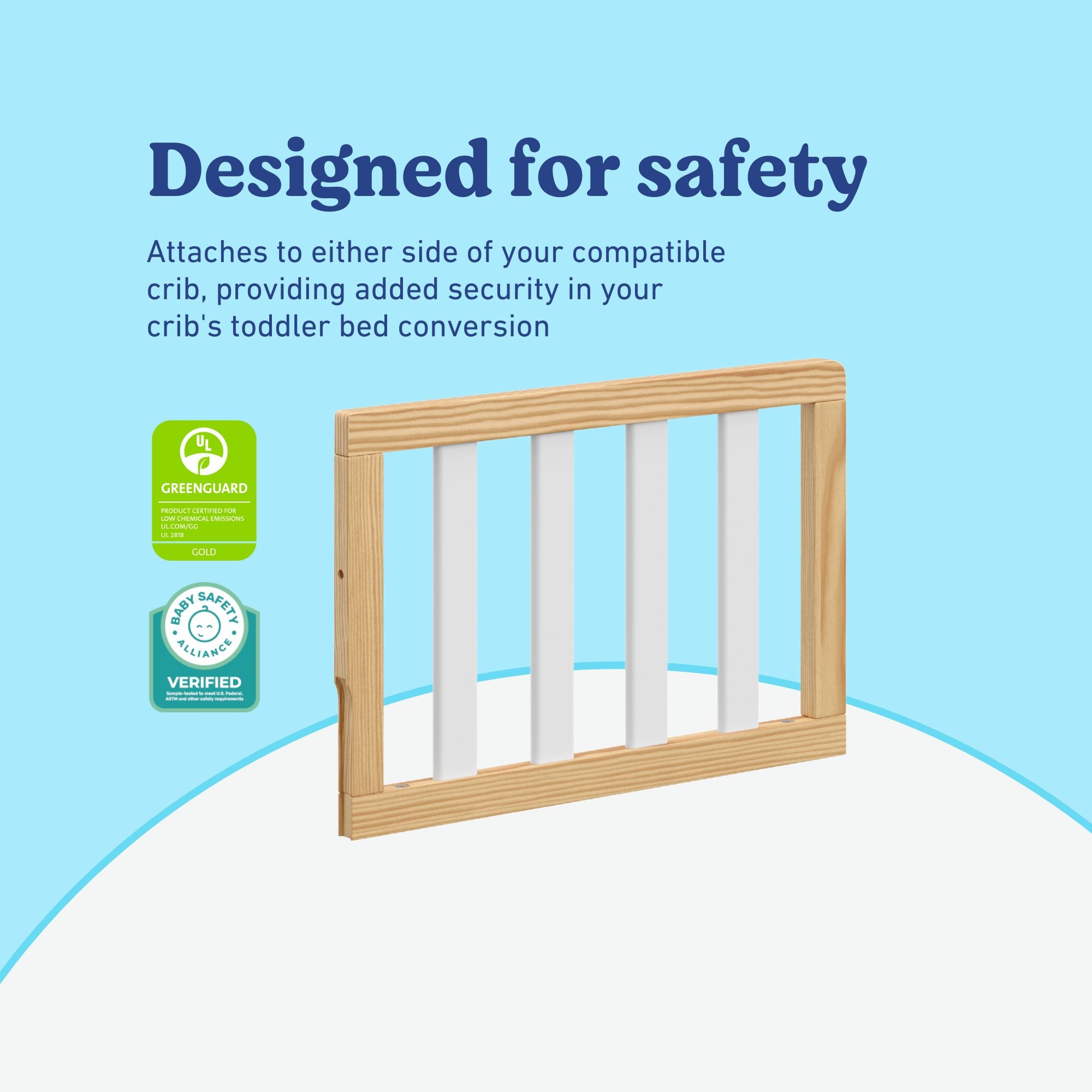 Graco toddler guardrail slats natural with white certifications callout