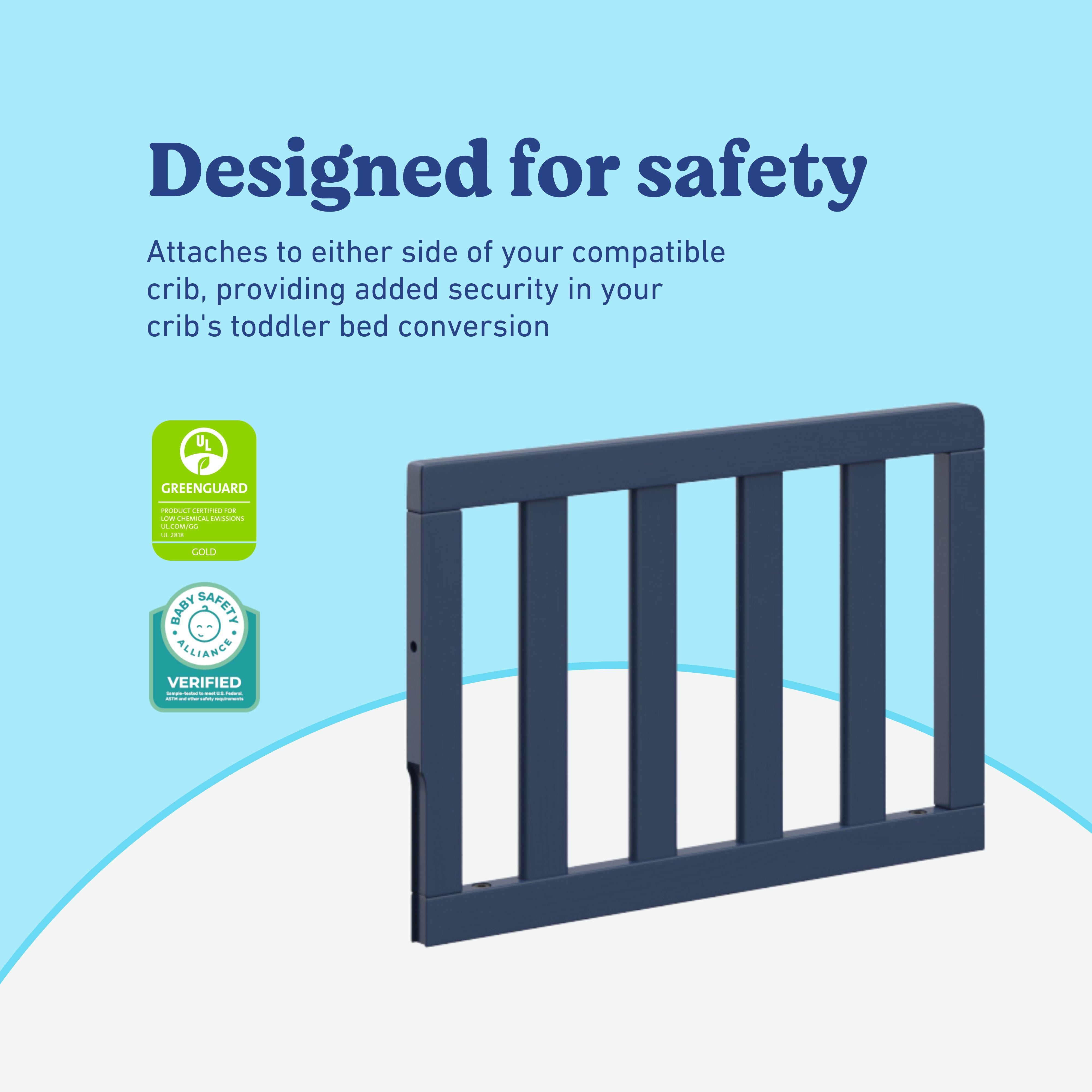 Midnight blue toddler safety guardrail slats certifications callout