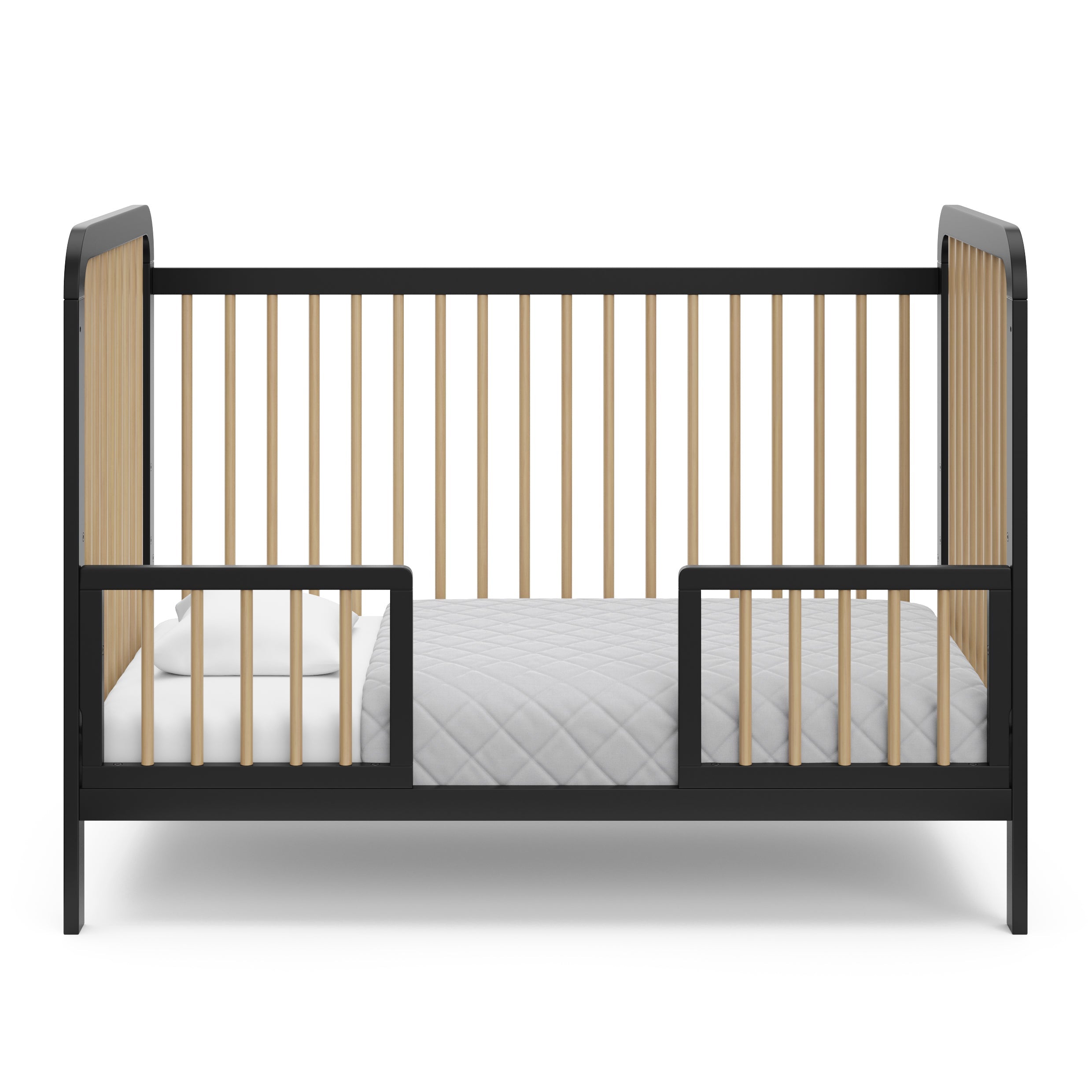 Black with driftwood Toddler Safety Guardrail Kit with dowels applied in toddler bed