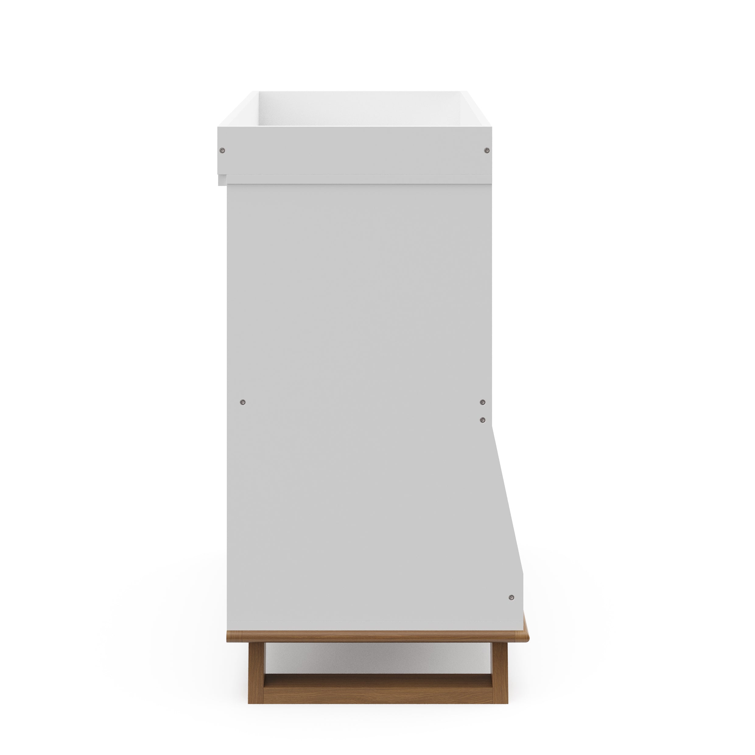 Side view of white with driftwood changing table with storage