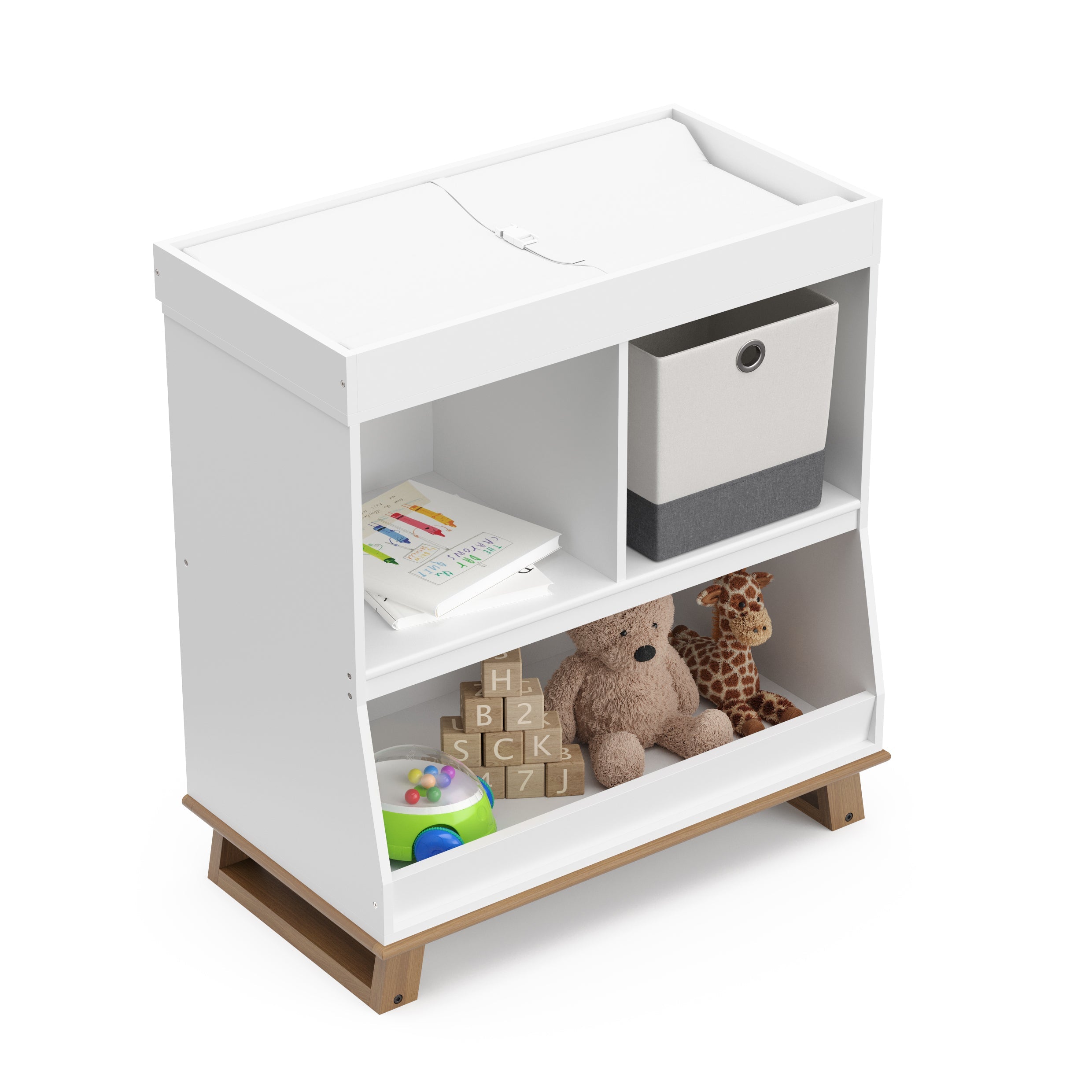 White with driftwood angled changing table with storage
