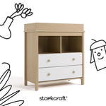alpine driftwood with white 2 drawer changing chest with black cartoon drawings overlaid on image