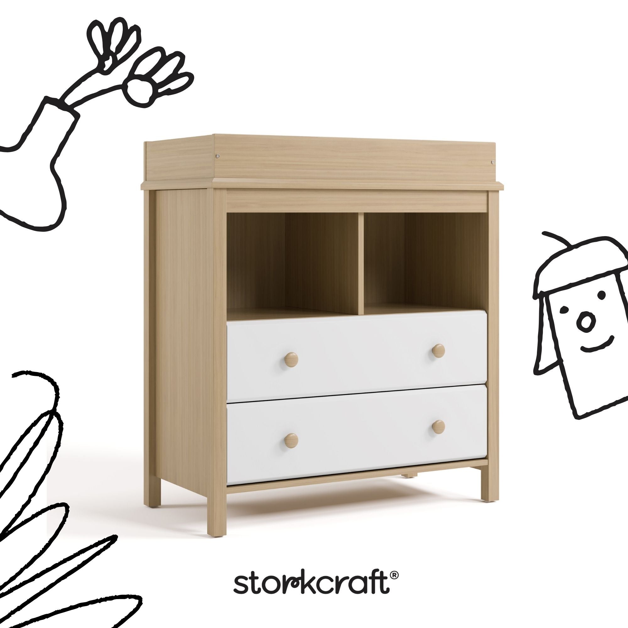 alpine driftwood with white 2 drawer changing chest with black cartoon drawings overlaid on image