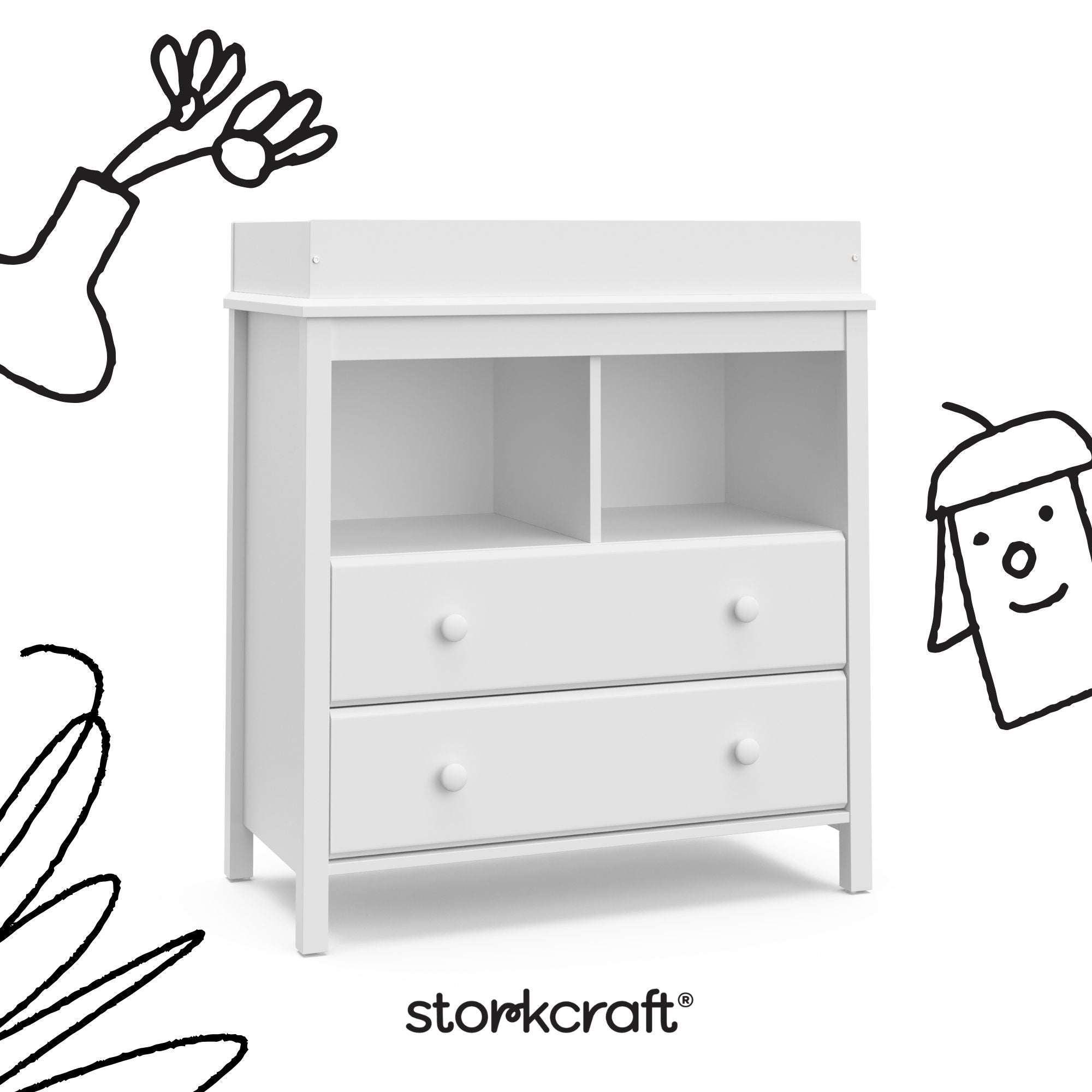 alpine white 2 drawer changing chest with black cartoon drawings overlaid on image
