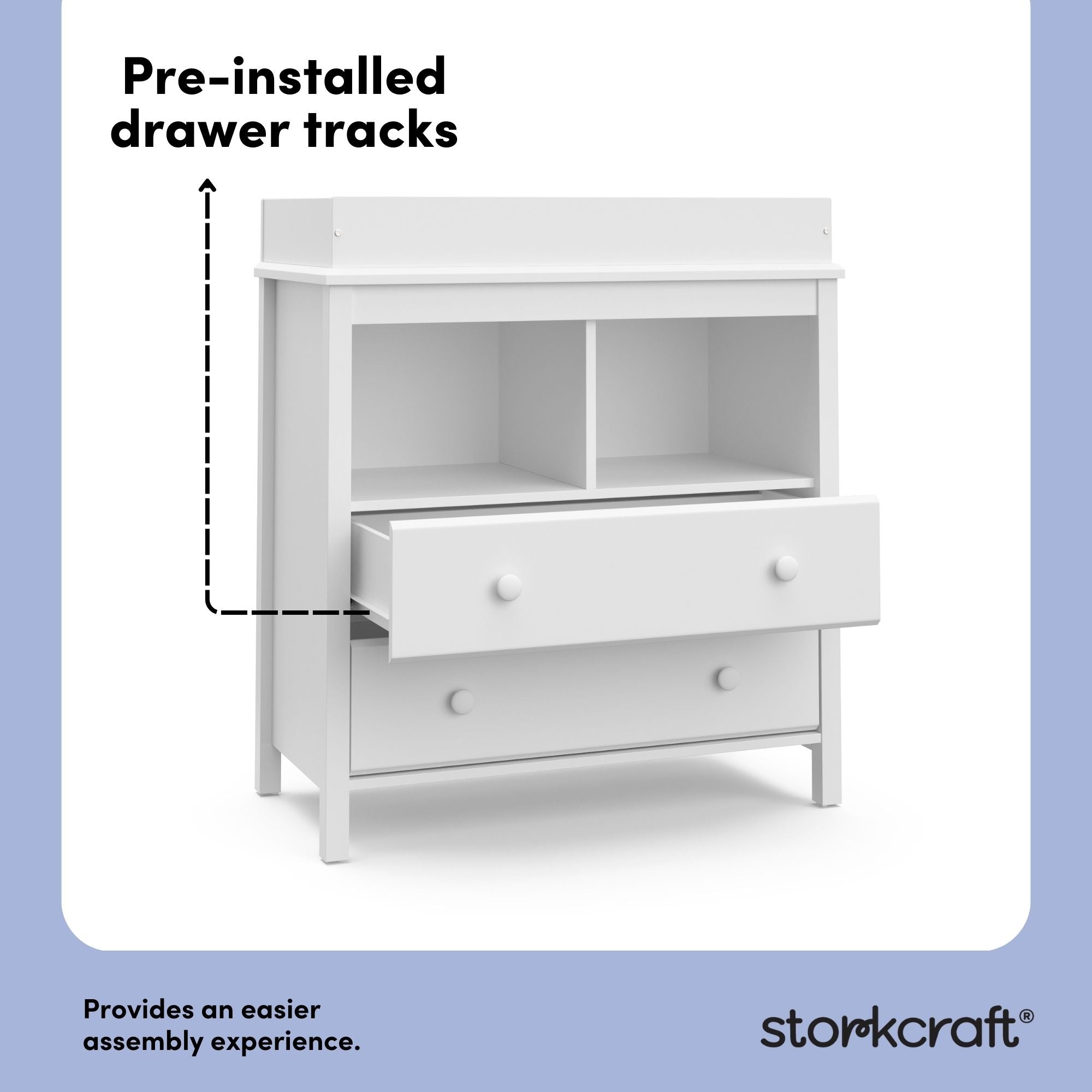 alpine white 2 drawer changing chest pre-installed drawer tracks callout
