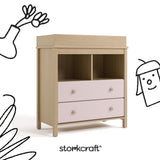 alpine driftwood with blush 2 drawer changing chest with black cartoon drawings overlaid on image