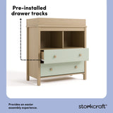 alpine driftwood with sage 2 drawer changing chest pre-installed drawer tracks callout