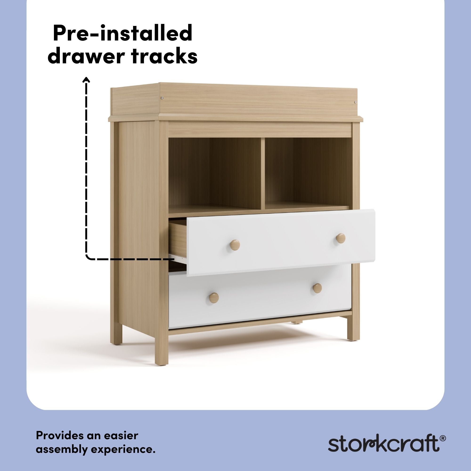 alpine driftwood with white 2 drawer changing chest pre-installed drawer tracks callout