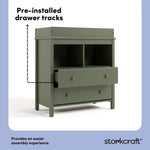 alpine olive 2 drawer changing chest pre-installed drawer tracks callout