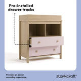 alpine driftwood with blush 2 drawer changing chest pre-installed drawer tracks callout