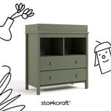 alpine olive  2 drawer changing chest with black cartoon drawings overlaid on image