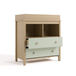 alpine 2 drawer changing chest driftwood with sage angle view with top drawer open