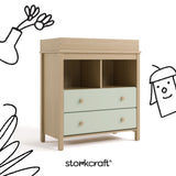 alpine driftwood with sage 2 drawer changing chest with black cartoon drawings overlaid on image