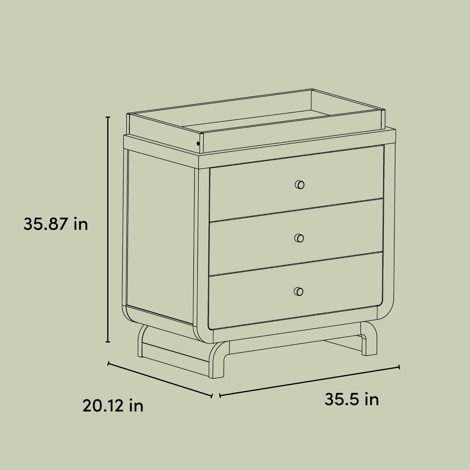 Santorini 3 drawer chest with changing topper drawing with dimensions