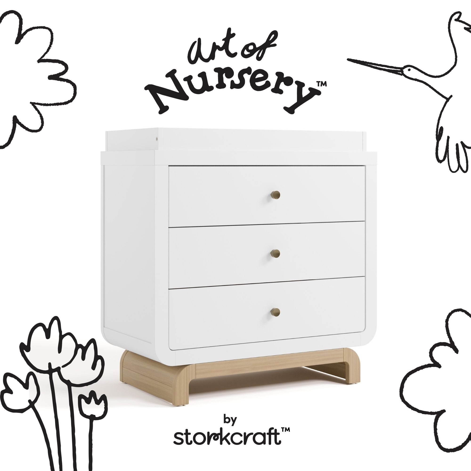 Santorini white with driftwood 3 drawer chest with changing topper with black doodles overlaid on image
